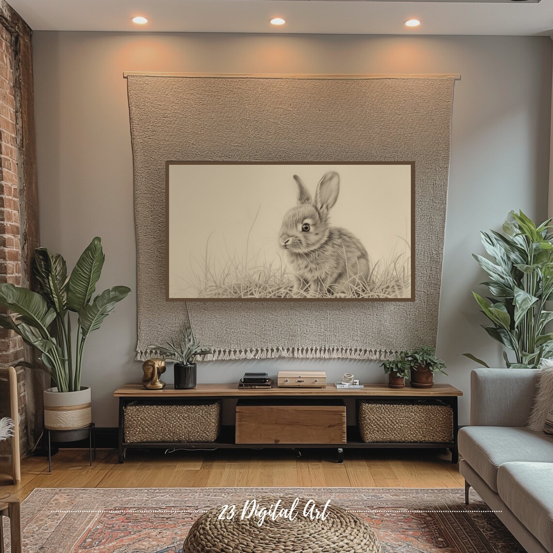 Bunny Rabbit Sketch Sepia Grass Vintage Pencil Drawing Frame TV Art Poster - Image 4