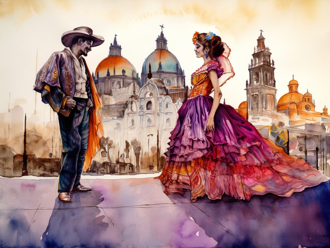 Mexican Couple Traditional Dress Cathedral Watercolor Poster