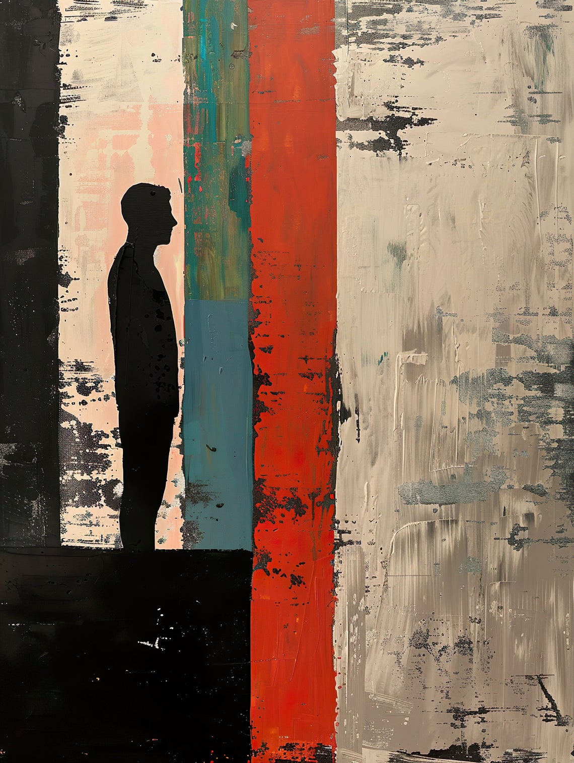 Man Thinking Abstract Oil Silhouette Striped Modern Art Poster