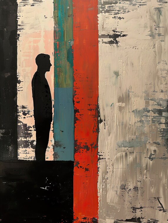Man Thinking Abstract Oil Silhouette Striped Modern Art Poster
