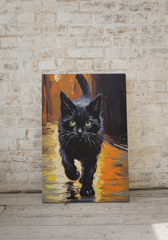 Black Cat Green Eyes Night City Wet Street Impasto Painting Poster