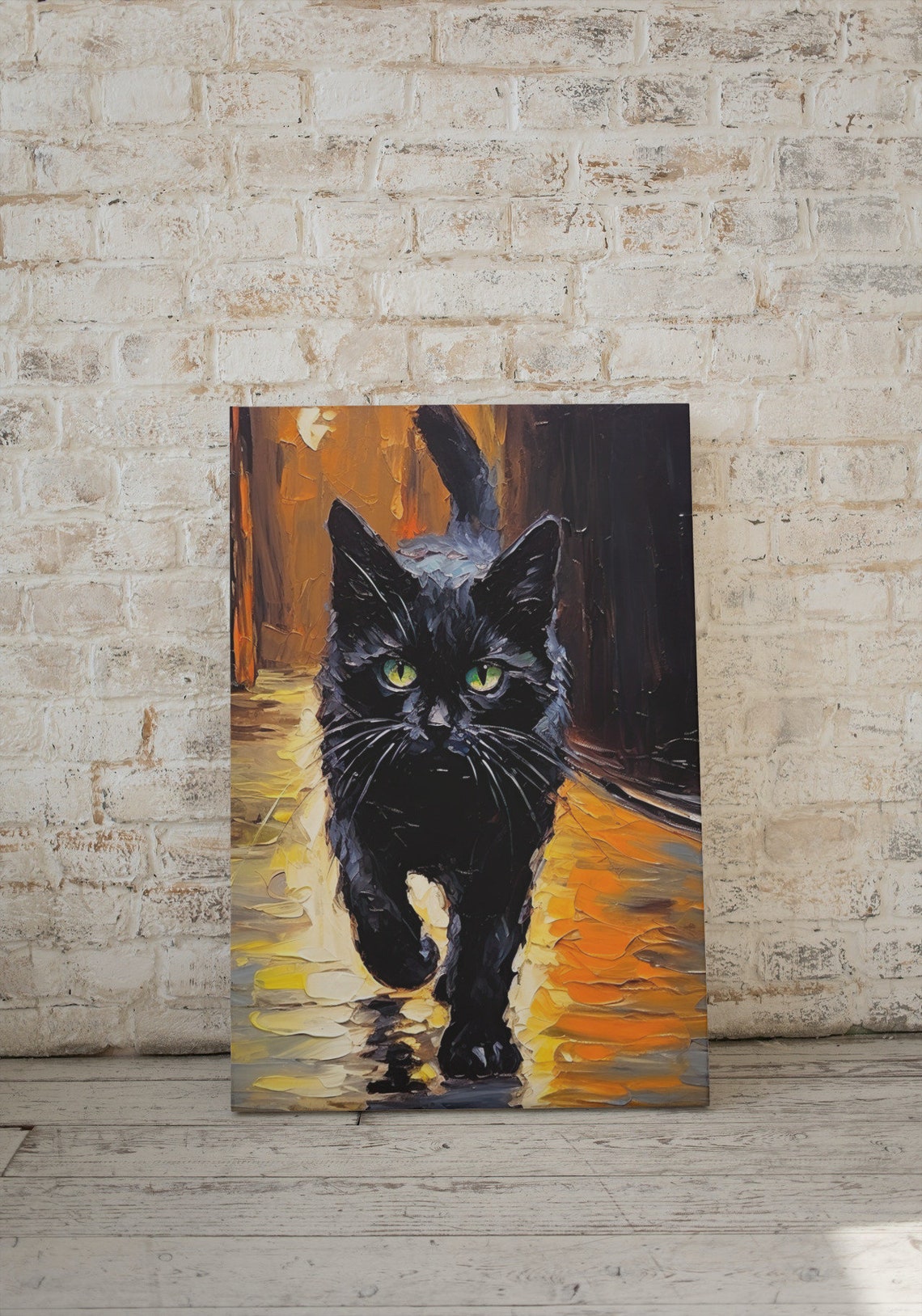 Black Cat Green Eyes Night City Wet Street Impasto Painting Poster