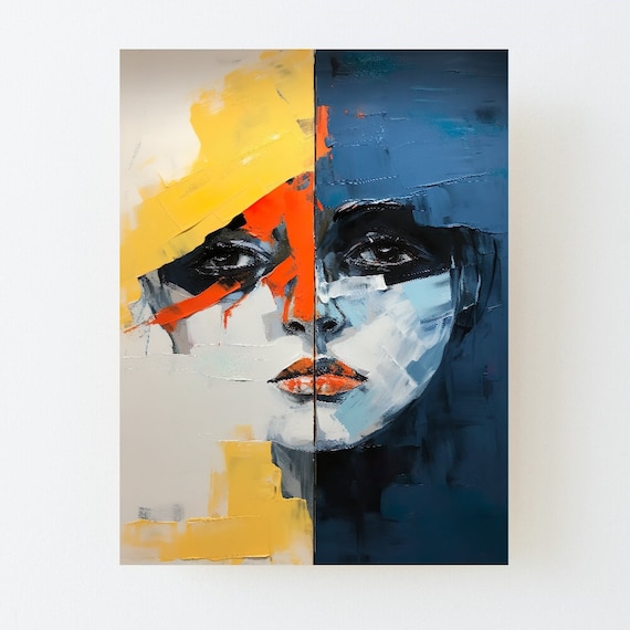 Twoface Split Face Abstract Yellow Blue Oil Painting Portrait Poster