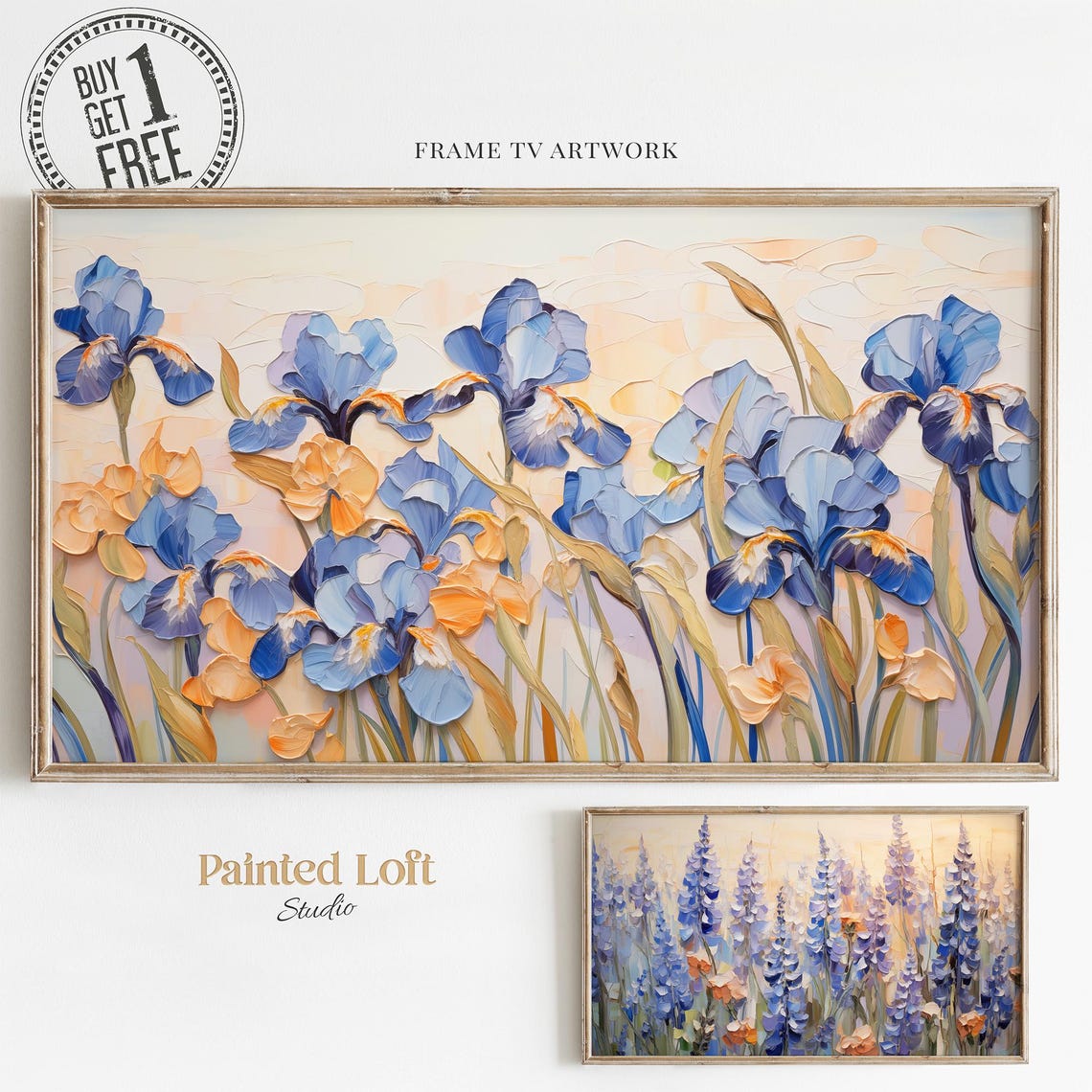 Blue Iris Textured Oil Flower Painting Golden Accent Garden Wall Art