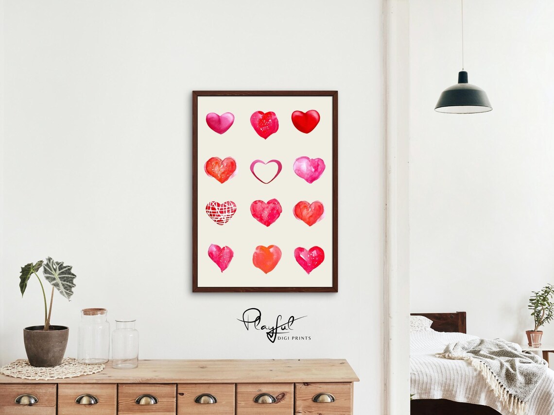 Watercolor Hearts Grid Valentine Pink Red Heart Illustration Poster - Image 4