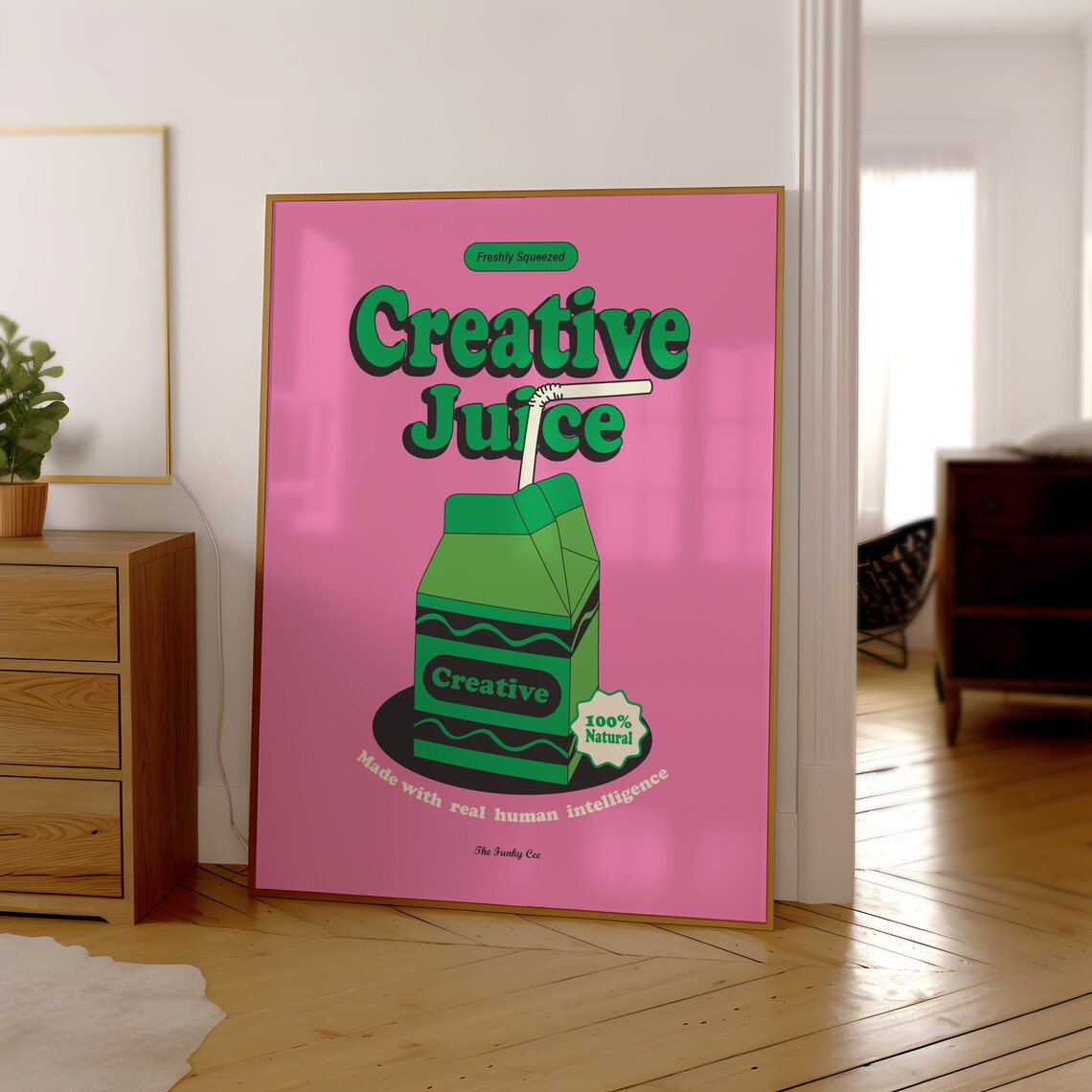 Creative Juice Pink and Green Retro Juice Carton Fun Art Poster - Image 3