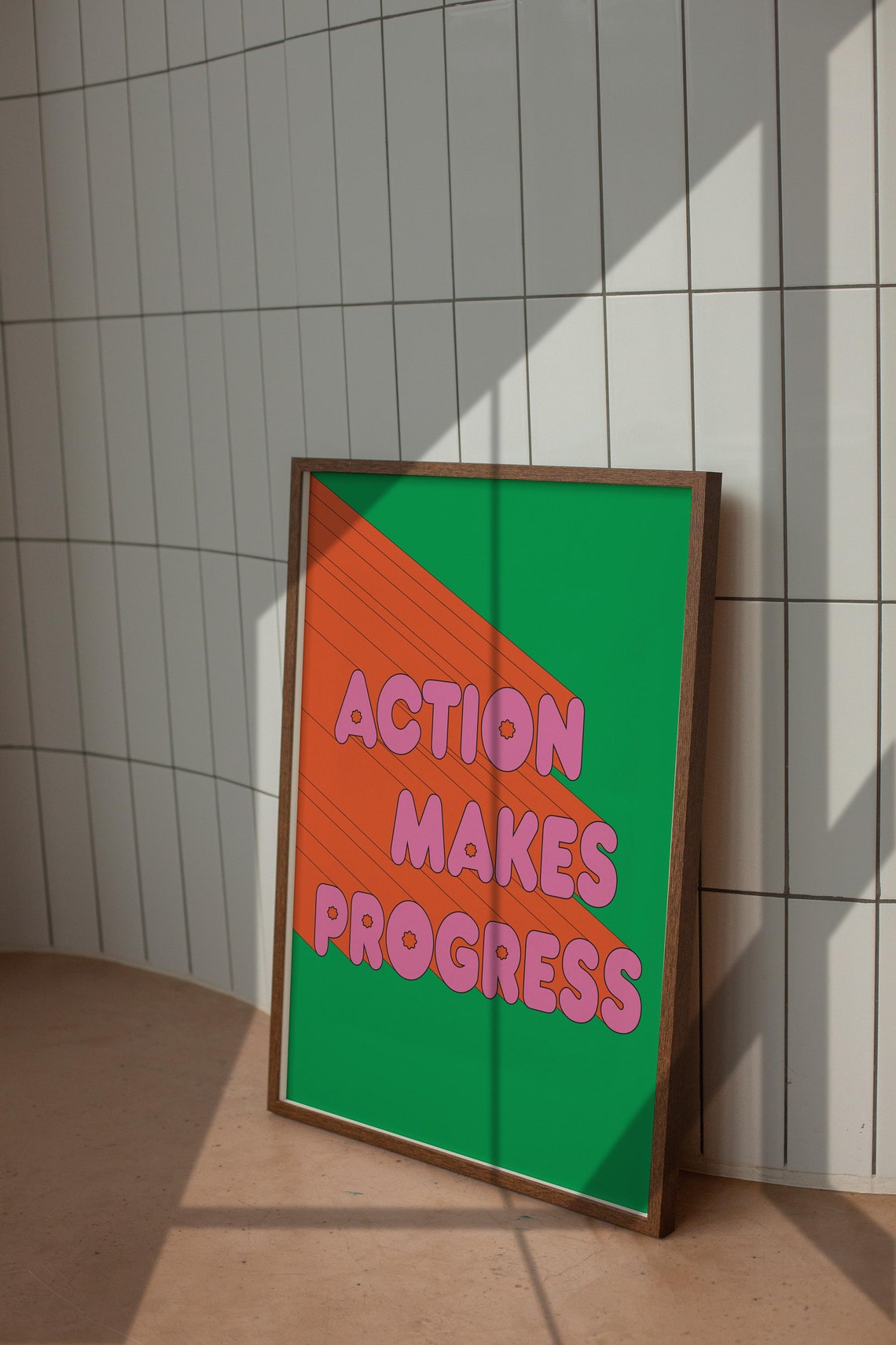 Action Makes Progress Pink Bubble Green Retro Motivational Poster - Image 2