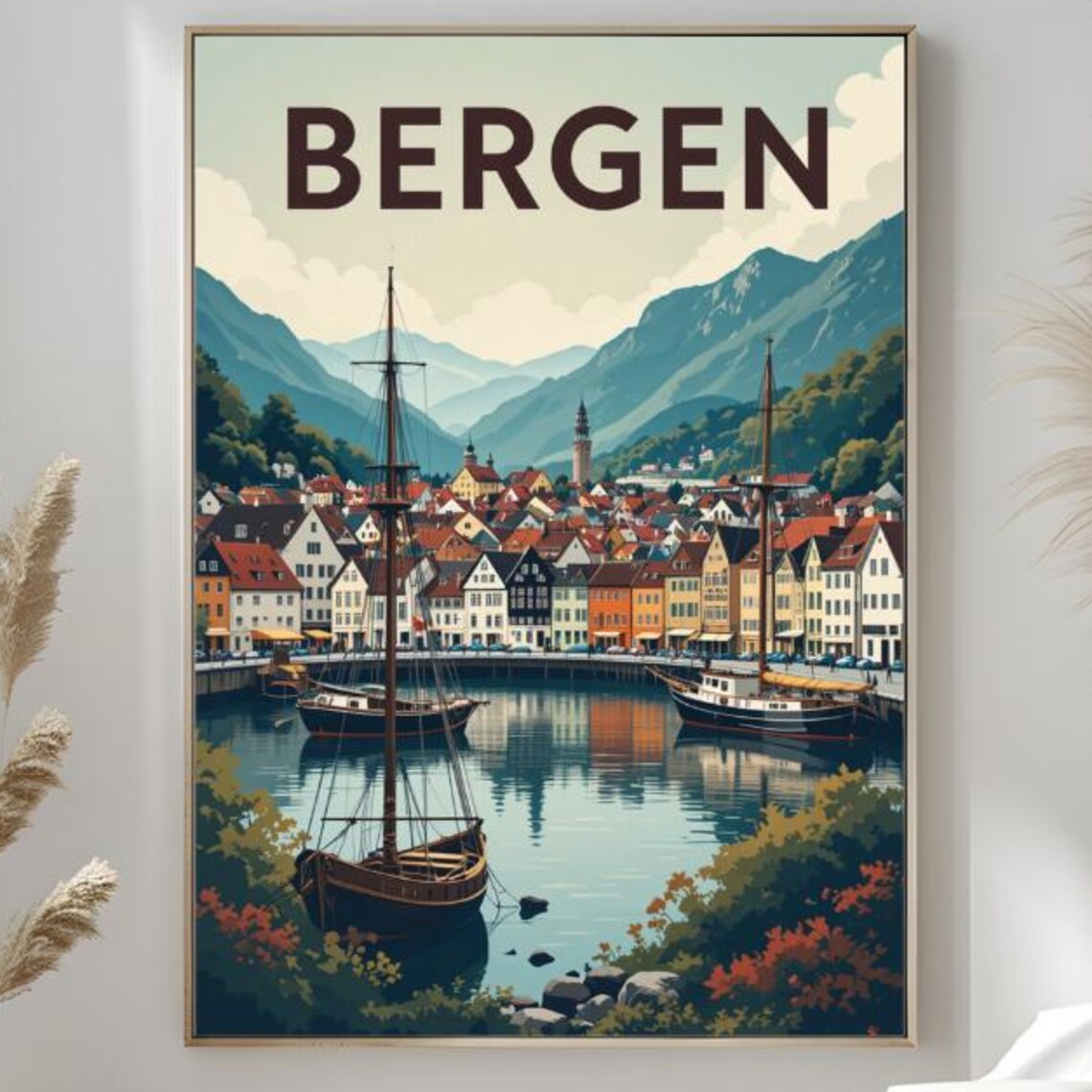 Bergen Norway Vintage Harbor Tall Ships Fjord Mountains Poster