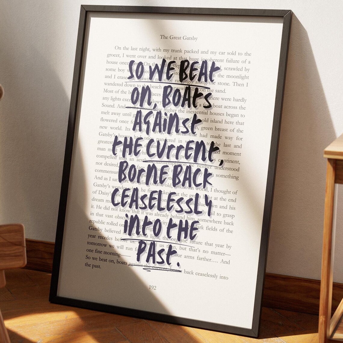 Great Gatsby So We Beat On Quote Poster Book Page Navy Fitzgerald