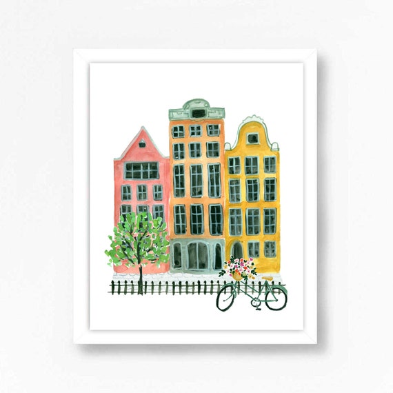 Amsterdam Netherlands Watercolor Art Print, Travel Houses