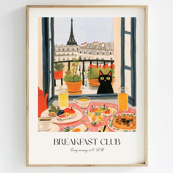 Parisian Breakfast Watercolor Art Print, Vintage Cat Cafe