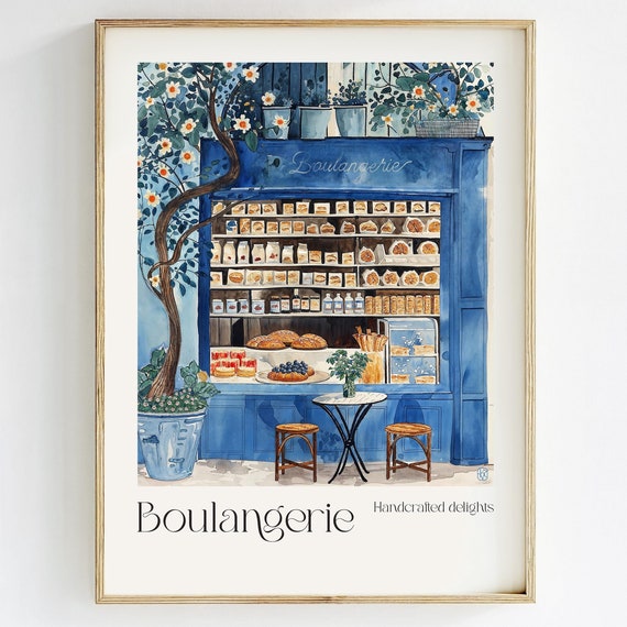 French Boulangerie Watercolor Art Print, Cozy Kitchen Decor
