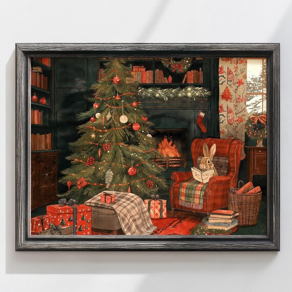 Cozy Christmas Bunny Reading Fireplace Poster Holiday Living Room Artwork