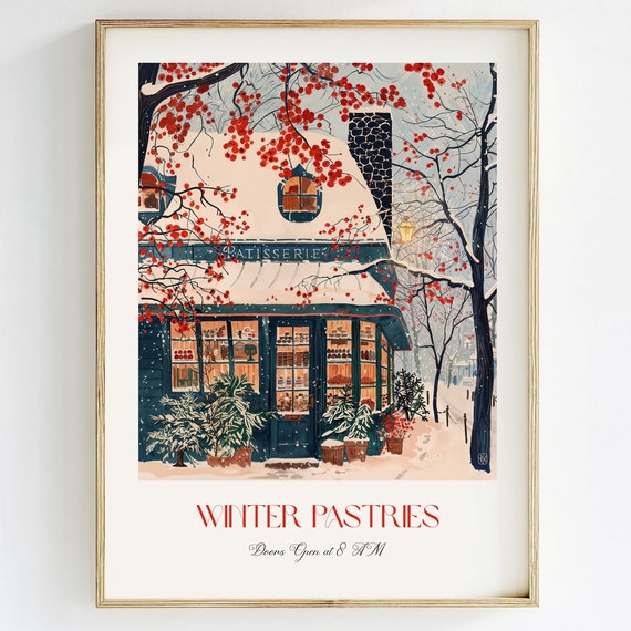 Cozy Patisserie Art Print, Parisian Christmas Bakery