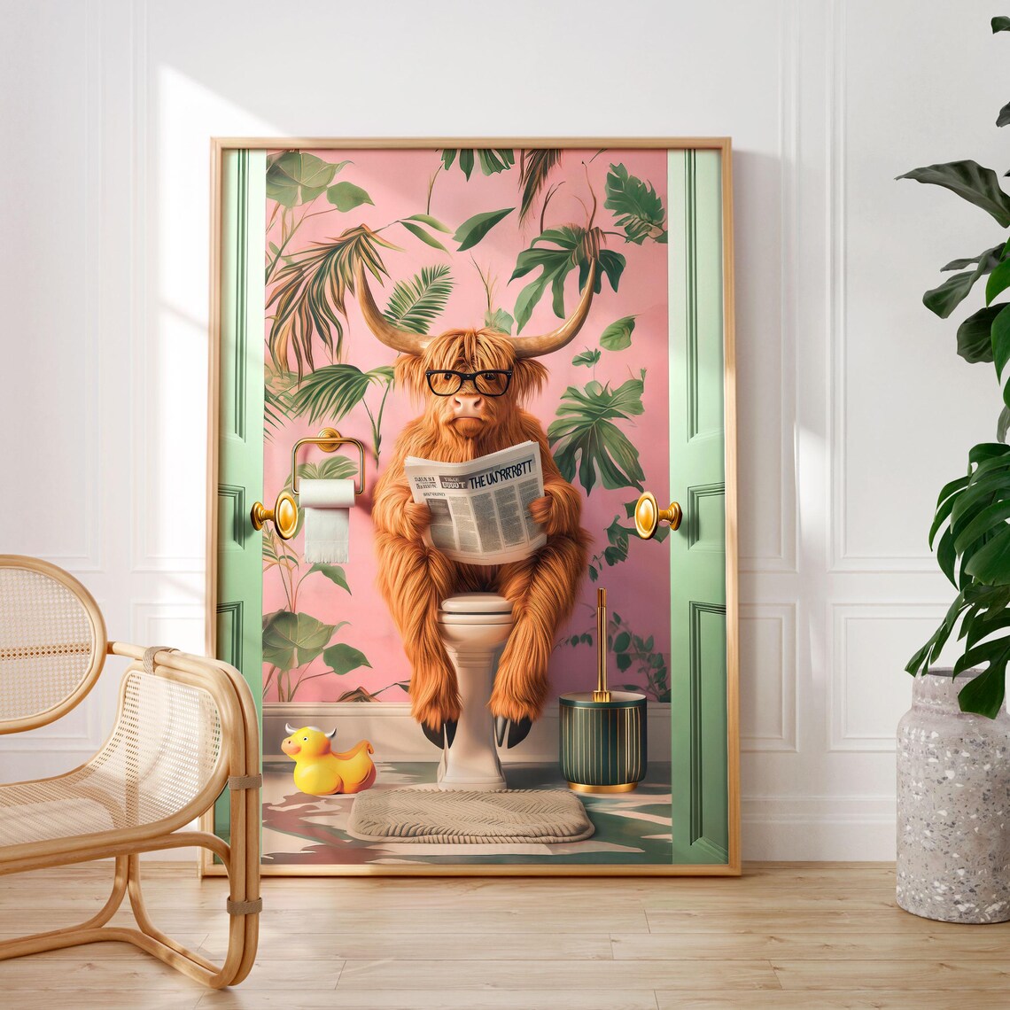 Highland Cow With Glasses Reading the Paper on a Toilet Poster