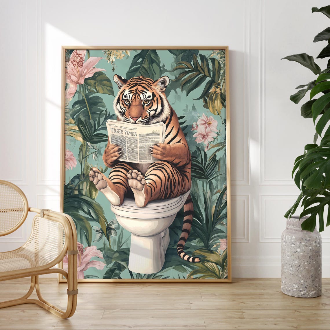 Tiger Sitting on a Toilet Reading Tiger Times Bathroom Poster