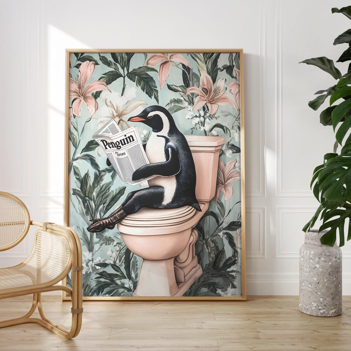 Penguin on a Toilet Reading the Penguin Times Bathroom Poster