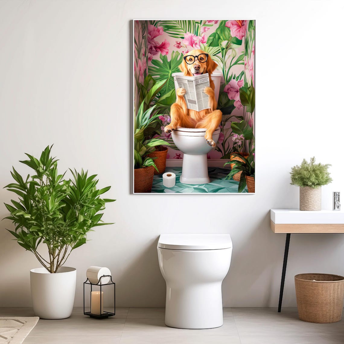 Golden Retriever With Glasses Reading the Paper on a Toilet Poster - Image 6