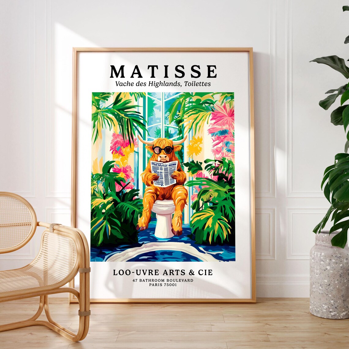 Matisse Style Highland Cow Reading on a Toilet Parody Art Poster