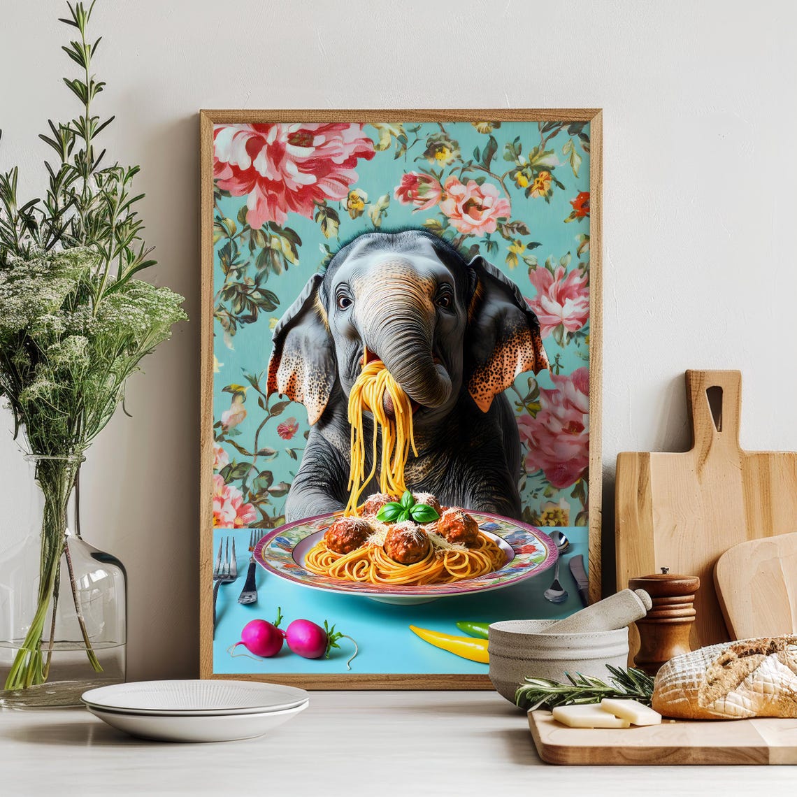 Elephant Eating Spaghetti and Meatballs Floral Kitchen Poster