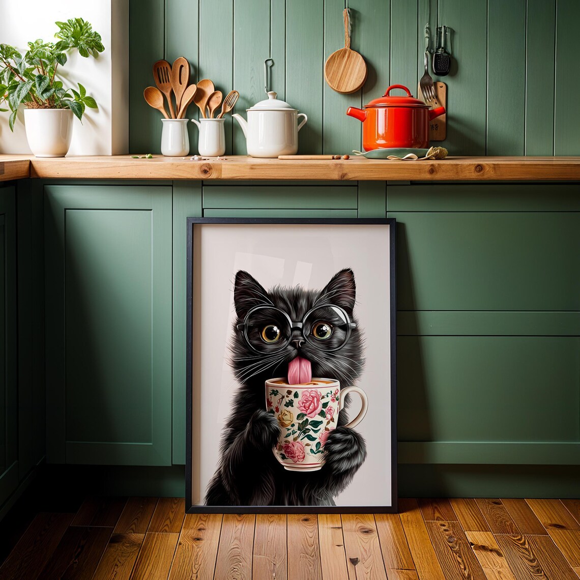Fluffy Black Kitten Wearing Glasses Licking a Floral Teacup Poster - Image 3