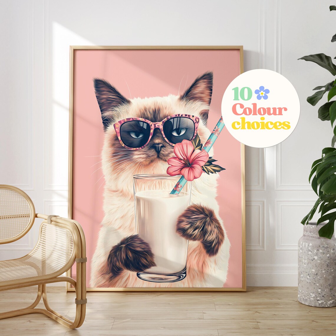 Siamese Cat in Sunglasses Holding a Glass of Milk With Flowers Poster