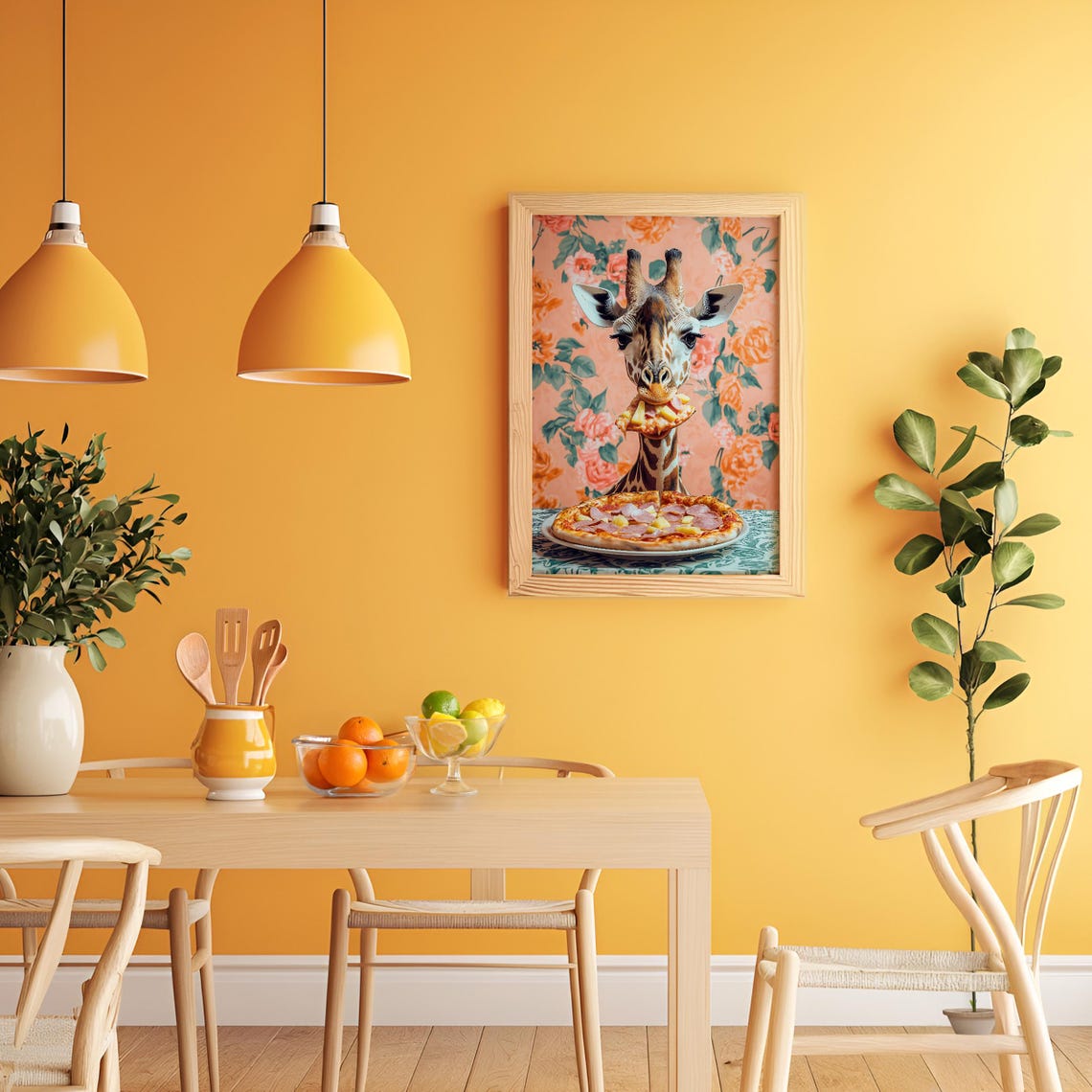 Giraffe Eating a Slice of Pepperoni Pizza Floral Kitchen Poster - Image 3
