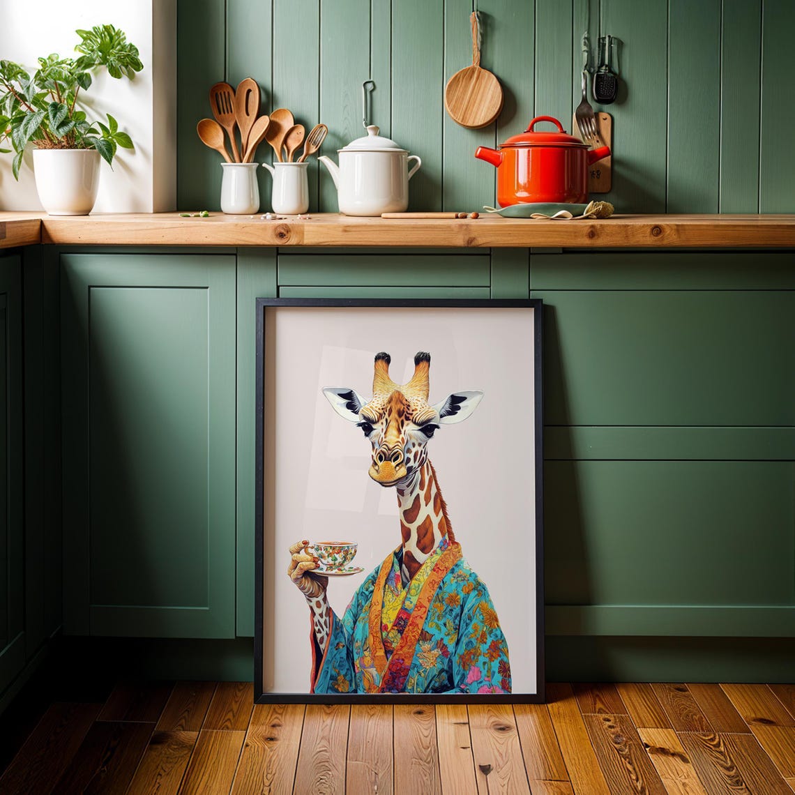 Elegant Giraffe in a Colorful Kimono Holding a Floral Teacup Poster - Image 3