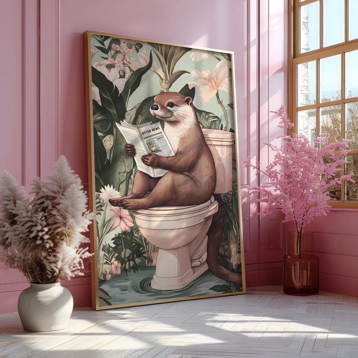 Cute Otter on a Toilet Reading Otter News Floral Bathroom Poster - Image 5