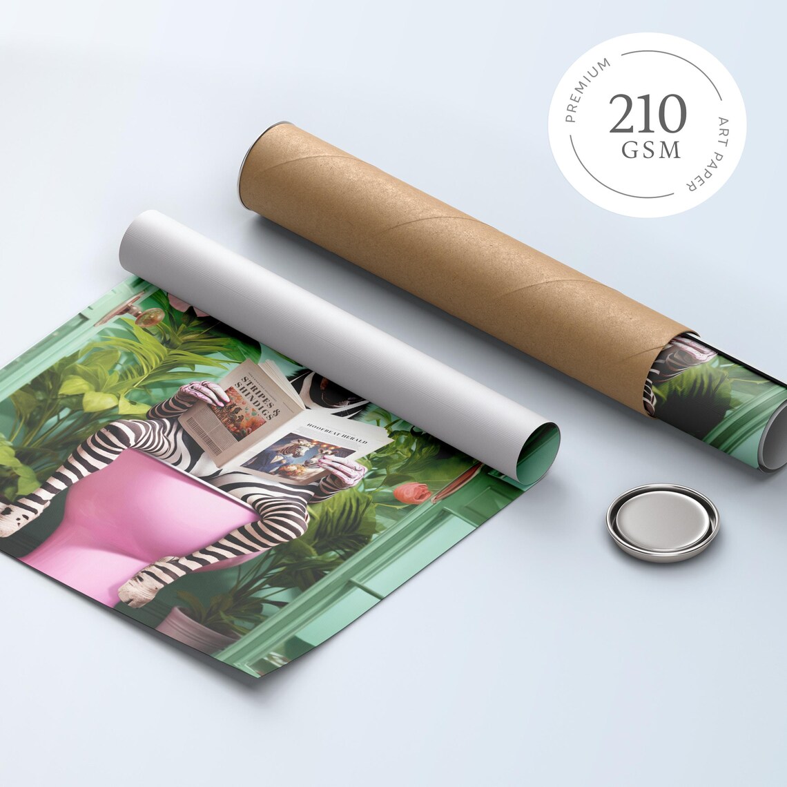 Zebra Reading the Paper on a Pink Toilet Botanical Bathroom Poster - Image 4