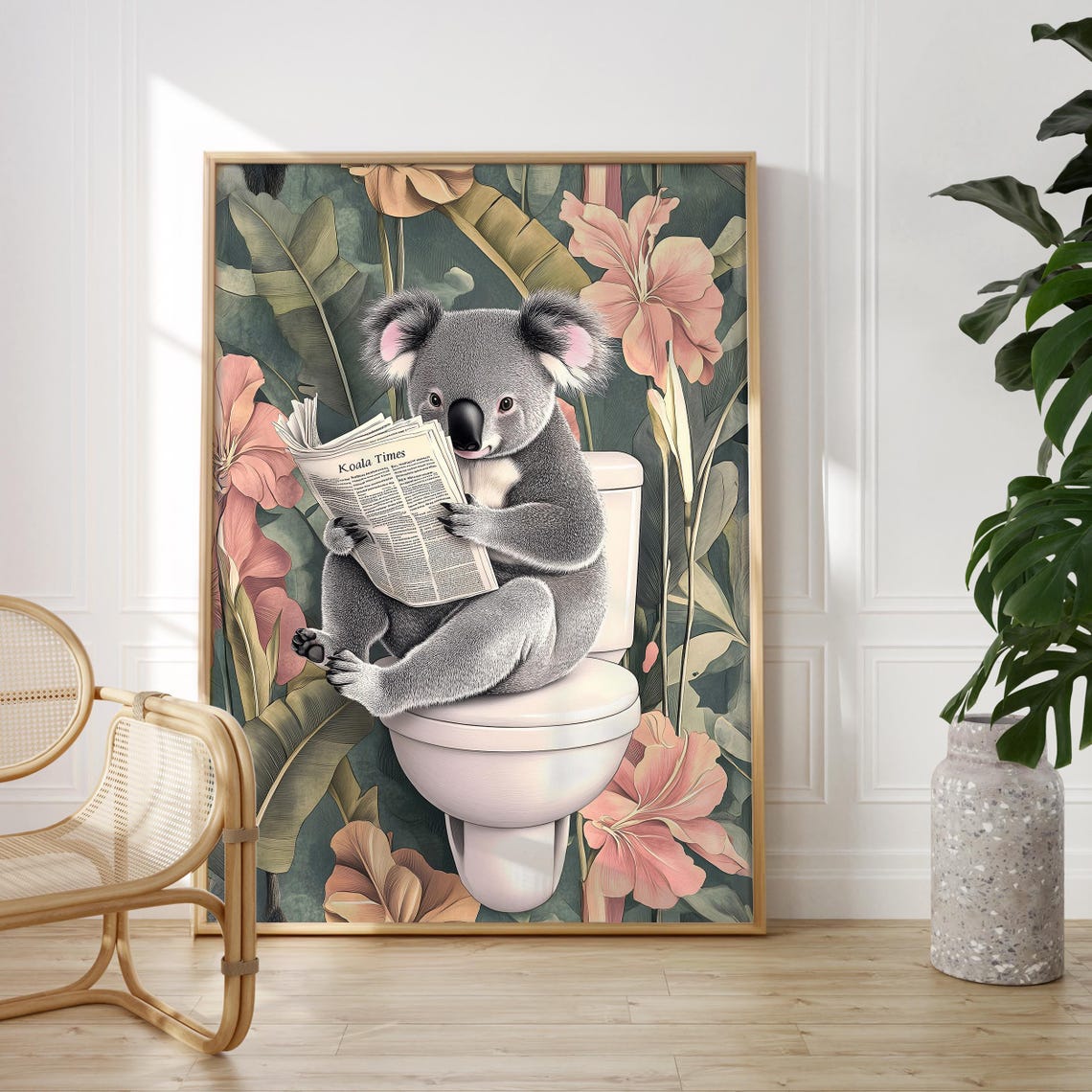 Koala Sitting on a Toilet Reading Koala Times Bathroom Poster
