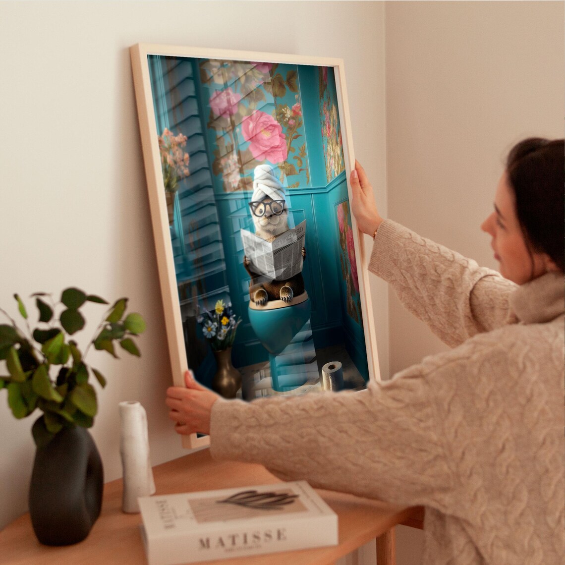 Otter With Glasses Reading Wet Whisker Weekly on a Teal Toilet Poster - Image 4