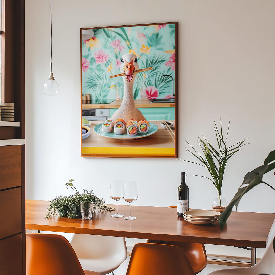 Goose With Chopsticks Eating Sushi in a Bright Kitchen Poster - Image 4