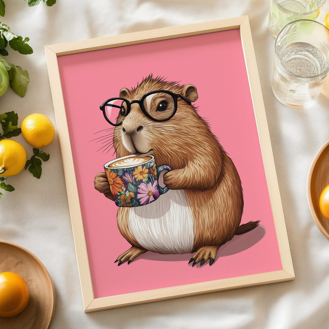 Capybara Wearing Glasses Holding Floral Coffee Mug On Pink Poster - Image 6