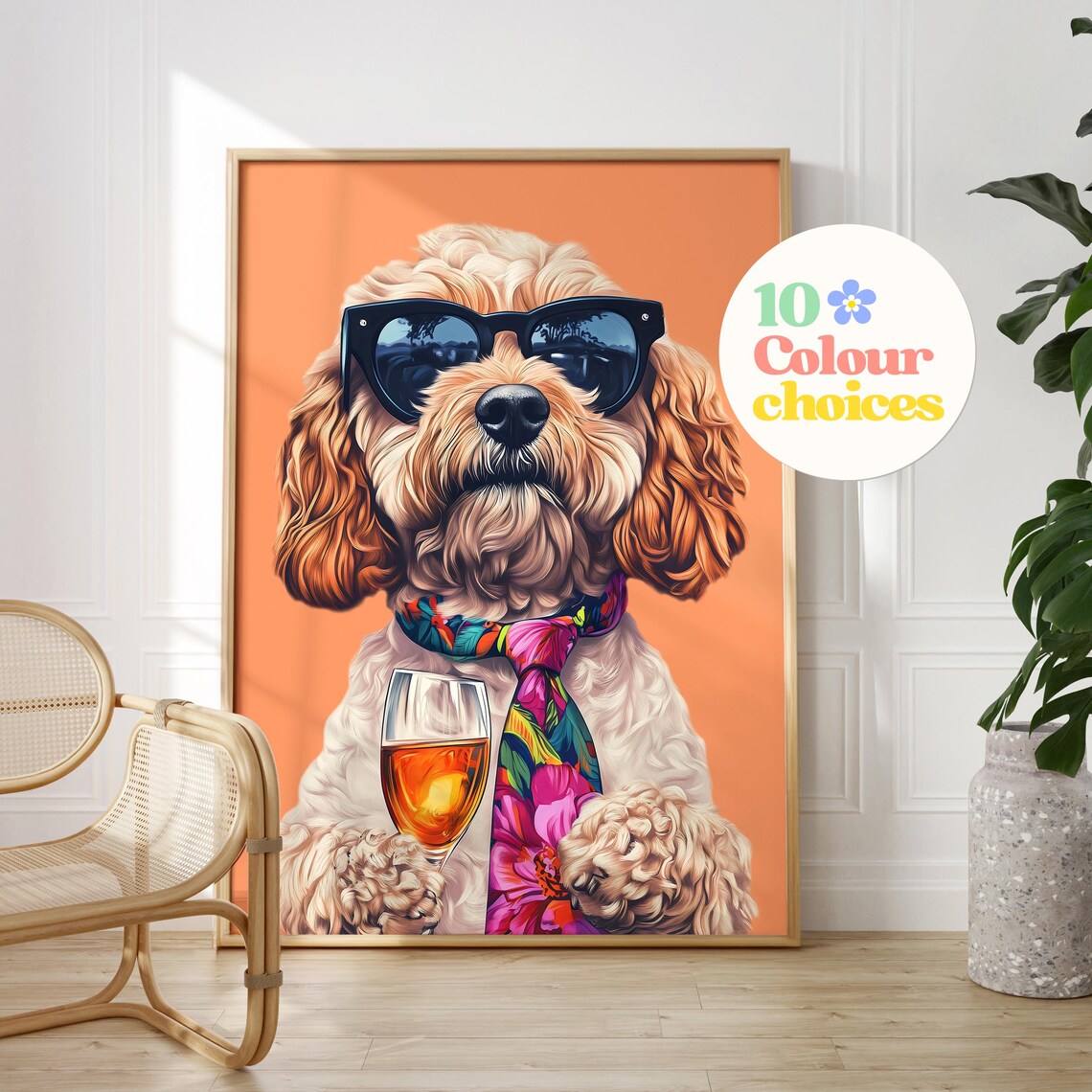 Cockapoo In Sunglasses Holding Wine Glass With Floral Tie Poster