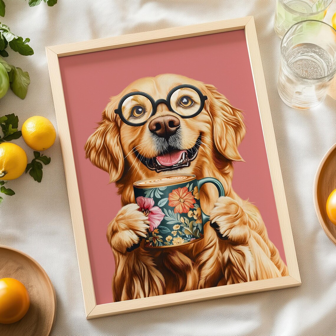 Golden Retriever Wearing Glasses Holding a Floral Coffee Mug Poster - Image 6