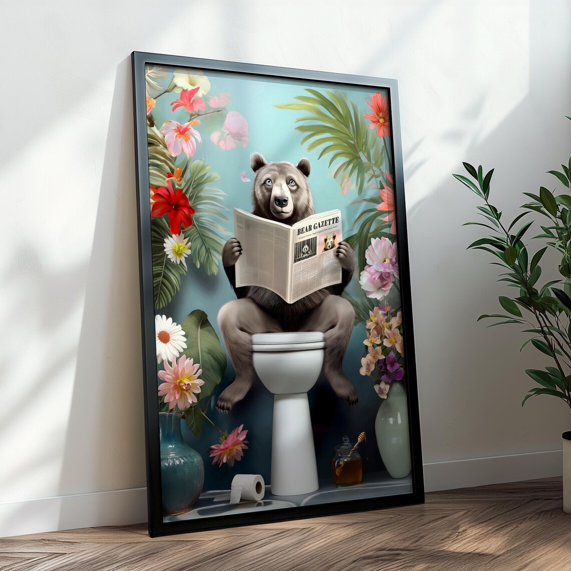 Brown Bear Reading the Bear Gazette on a Toilet Floral Poster - Image 2