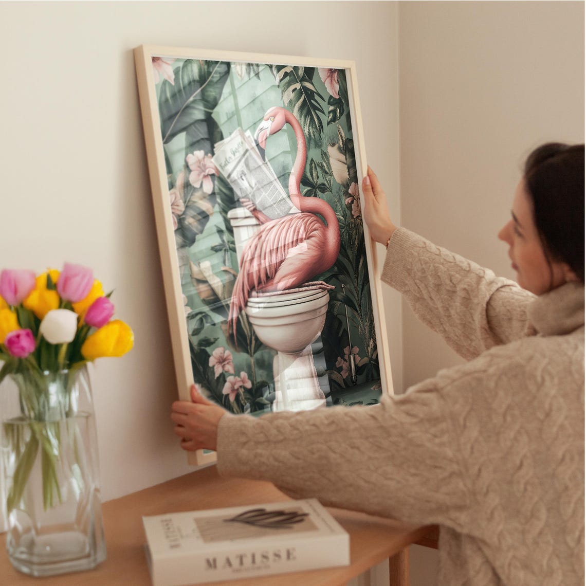 Flamingo on a Toilet Reading the Feather Gazette Bathroom Poster - Image 3