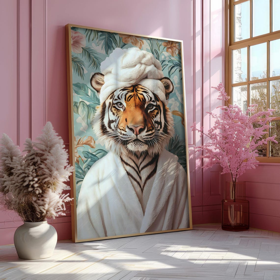 Tiger in a White Spa Robe and a Towel Turban Tropical Bathroom Poster - Image 5