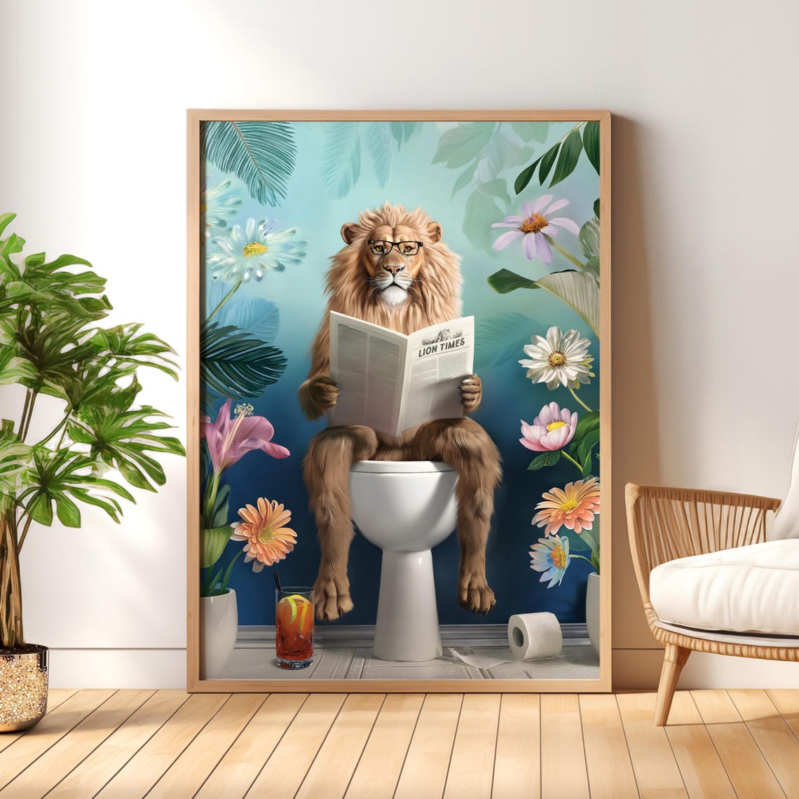 Lion in Glasses Reading the Lion Times on a Toilet Teal Poster