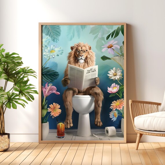 Lion in Glasses Reading the Lion Times on a Toilet Teal Poster