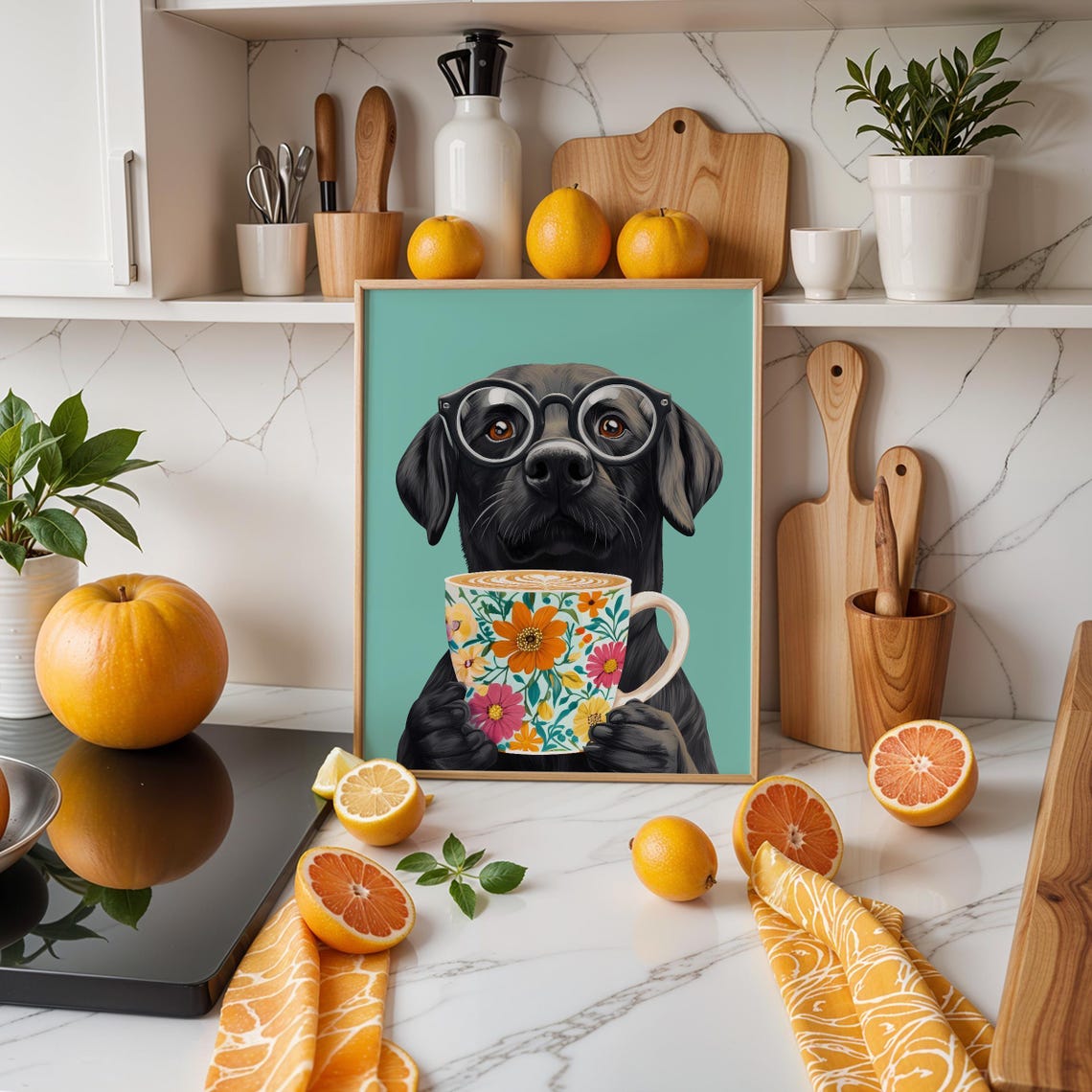 Black Labrador Wearing Glasses Holding a Floral Coffee Mug Poster - Image 2
