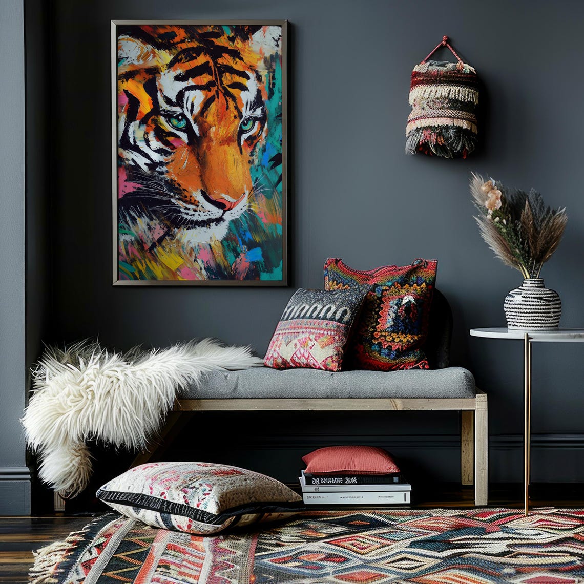 Tiger Face in Vivid Abstract Paint With Tropical Flowers Poster - Image 2