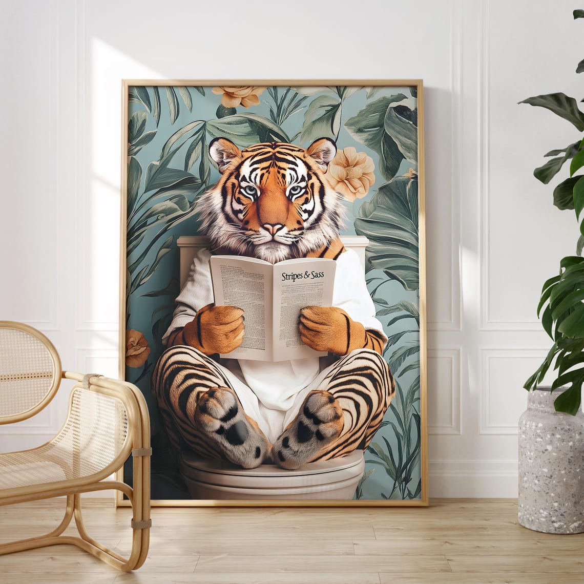 Tiger in a White Bathrobe Reading Stripes and Sass on a Toilet Poster