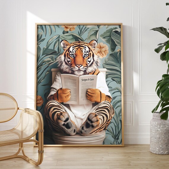 Tiger in a White Bathrobe Reading Stripes and Sass on a Toilet Poster