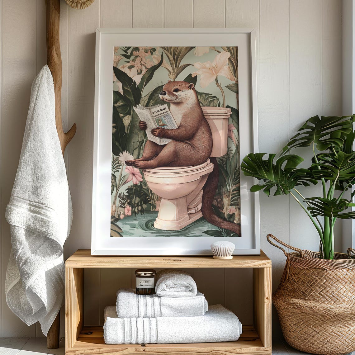 Cute Otter on a Toilet Reading Otter News Floral Bathroom Poster - Image 7