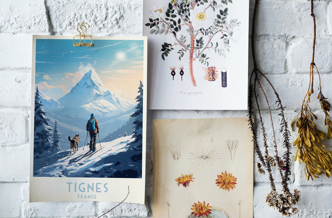 Tignes France Skier And Dog Snowy Mountain Ridge View Poster - Image 4