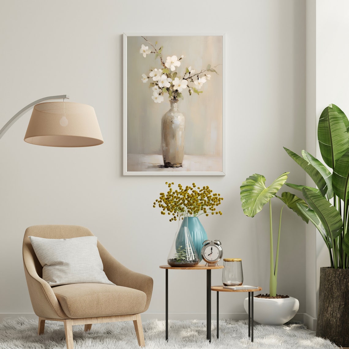 White Blossom Branches Neutral Vase Still Life Floral Poster - Image 2
