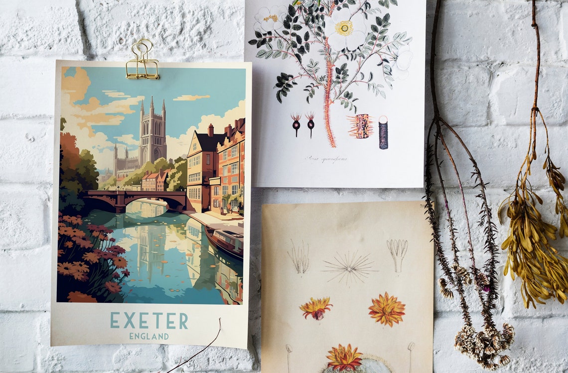 Exeter Cathedral River Reflection Autumn Vintage England Travel Poster - Image 4