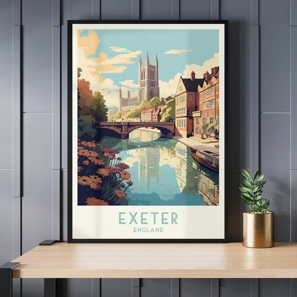 Exeter Cathedral River Reflection Autumn Vintage England Travel Poster - Image 3